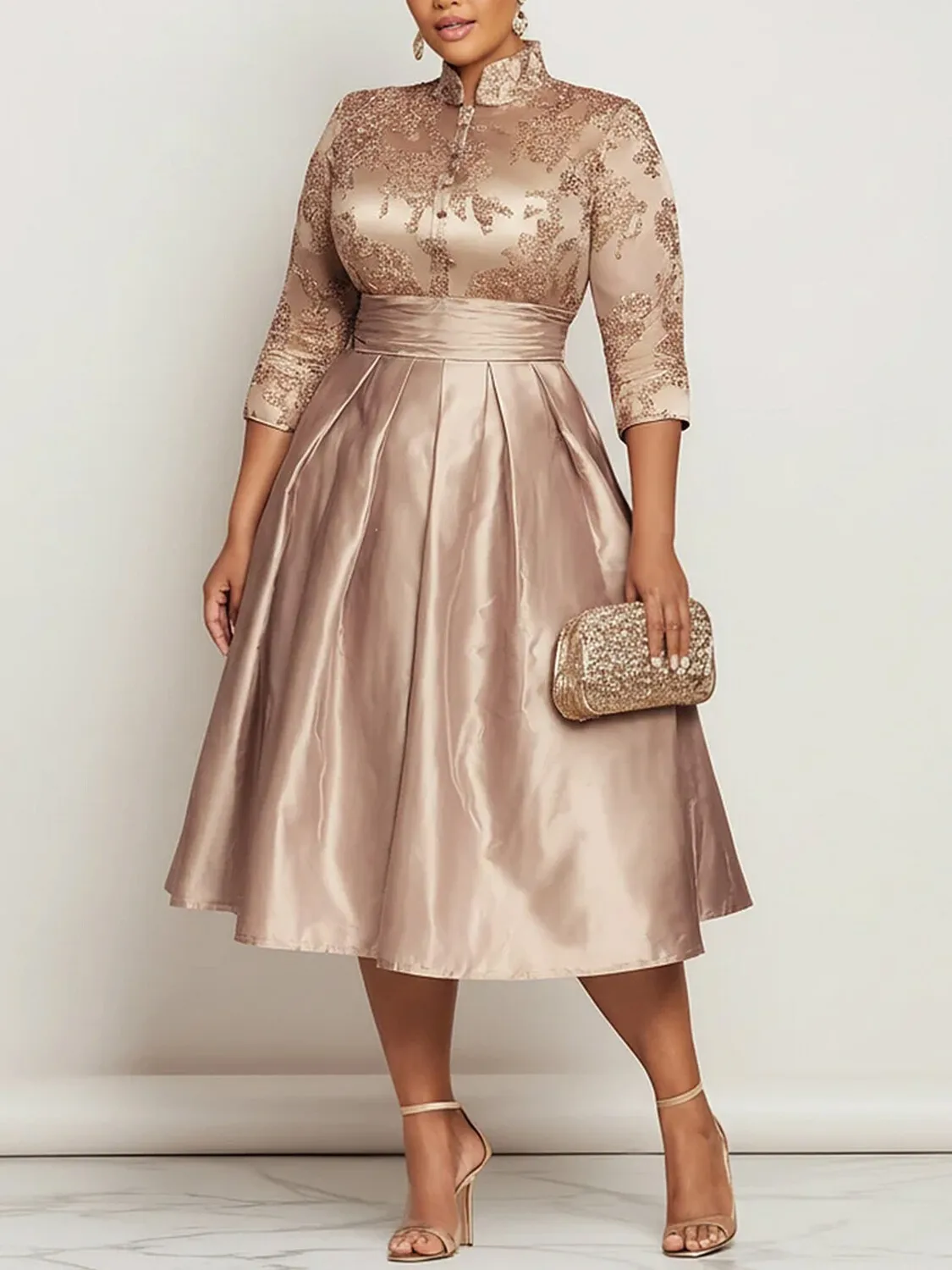 Women Plus Size Lace Satin Midi Dress High Collar 3/4 Sleeve Sequin Pleated A Line Formal Evening Wedding Guest Party Dress