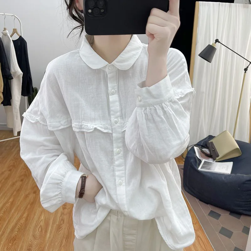 Fashion Solid Color Spliced Loose Folds Ruffles Shirt Female Clothing 2023 Autumn New Casual Tops Lantern Sleeve Commute Blouse