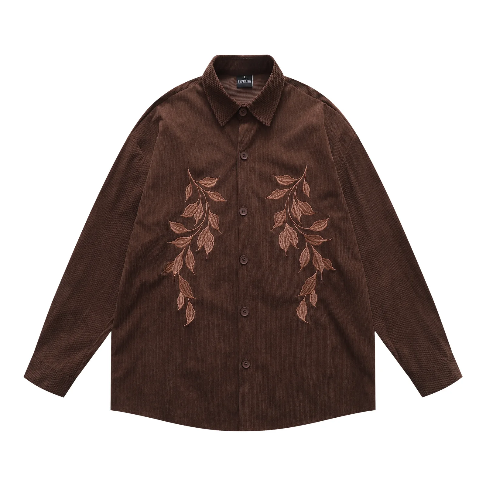 

Мужская вельветовая рубашка с длинным рукавом в стиле хип-хоп с вышивкой листьев, свободная винтажная одежда на одной пуговице, свободная рубашка на пуговицах унисекс