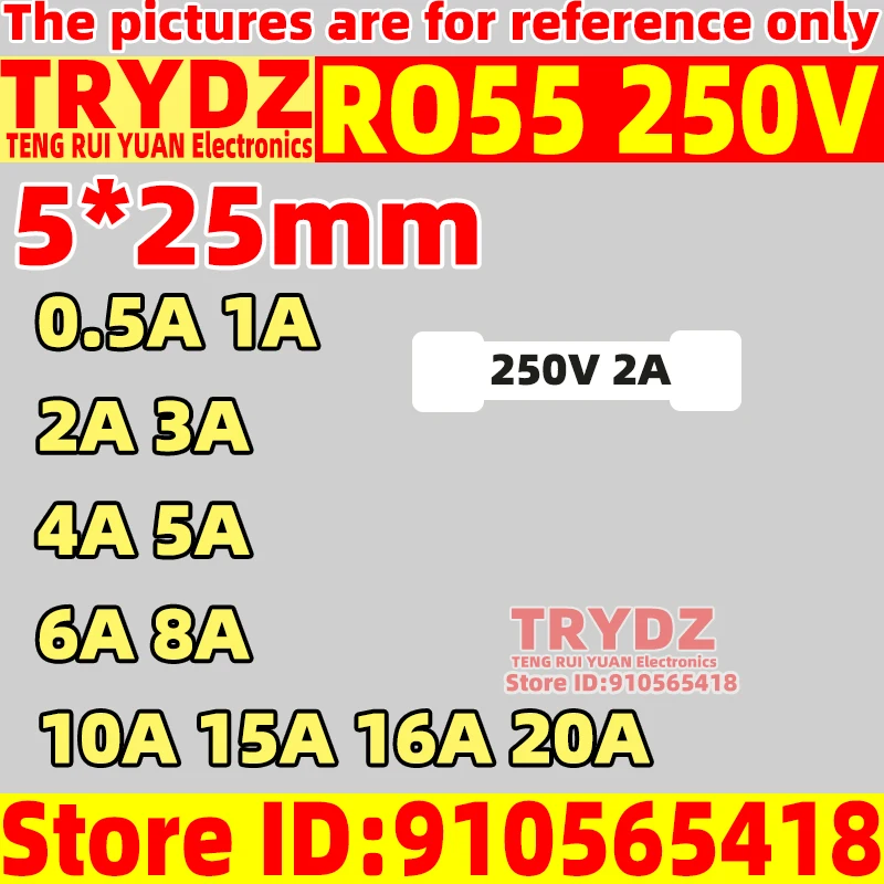 10pcs New RO55 250V 5*25mm Ceramic fuse tube fuse R055 0.5A 1A 2A 3A 4A 5A 6A 8A 10A 15A 16A 20A