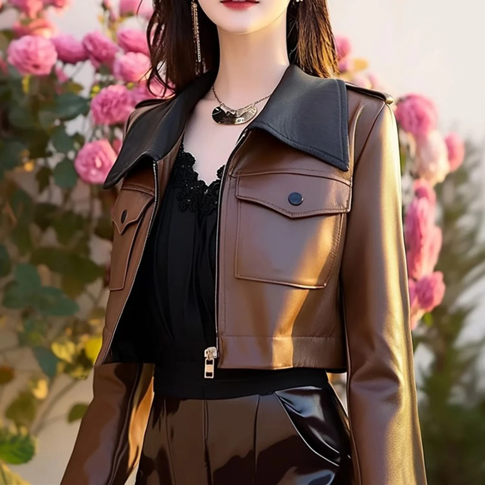 

Women Short Leather Jacket Brown Splicing Black Turn-down Collar Design New Spring Autumn PU Coat Zipper Style Long Sleeve Top