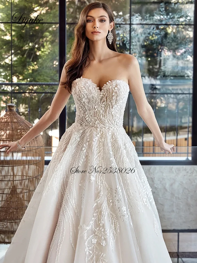 Liyuke personalizado feito a linha vestido de casamento fora do ombro querida beleza bordado rendas vestidos de noiva