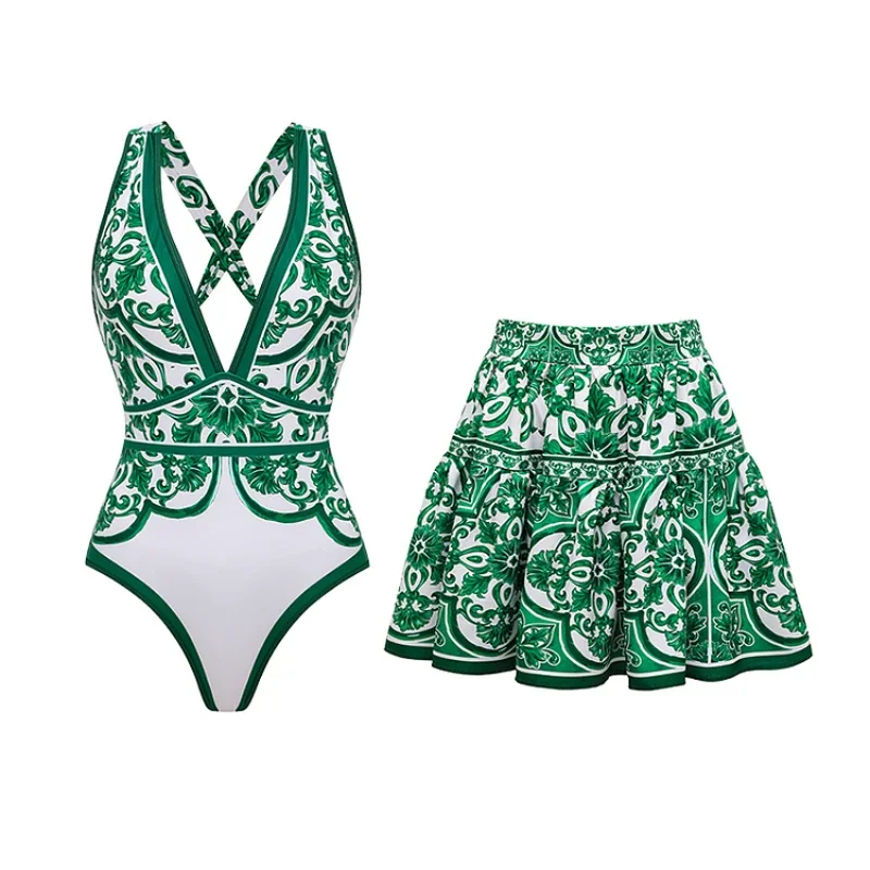 Summer Deep V Neck One Piece Swimsuit and Pants or Skirt Flaxmaker Classic Majolica Series Pattern Print Bathing Suit 2025 Femme