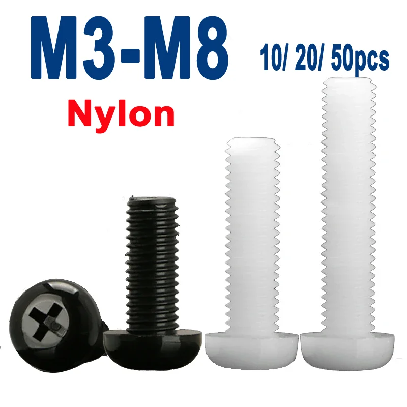 

10/ 20/ 50pcs Black White Nylon Plastic Phillips Pan Head Cross Round Screw Bolt M2 M2.5 M3 M4 M5 M6 M8 length 4-50mm