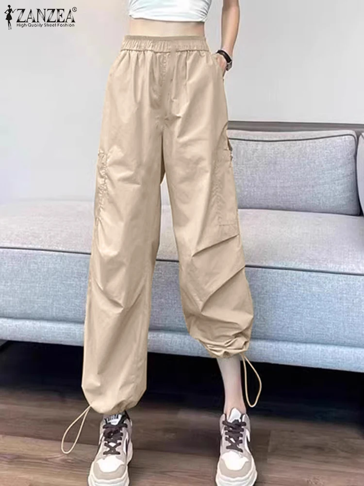 

ZANZEA Chic 2025 Summer Long Pant Women Solid Color Pants Fashion Elastic Waist Cargo Pants Holiday Korean Pockets Loose Trouser