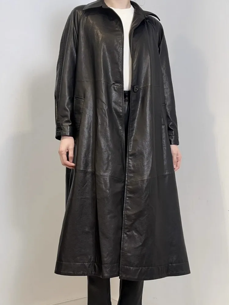 Italienische Designer Frauen Schaffell Echtes Leder Lange Jacke Büro Damen Herbst Arbeit Trenchcoat Lose Fit Windjacke Outwear