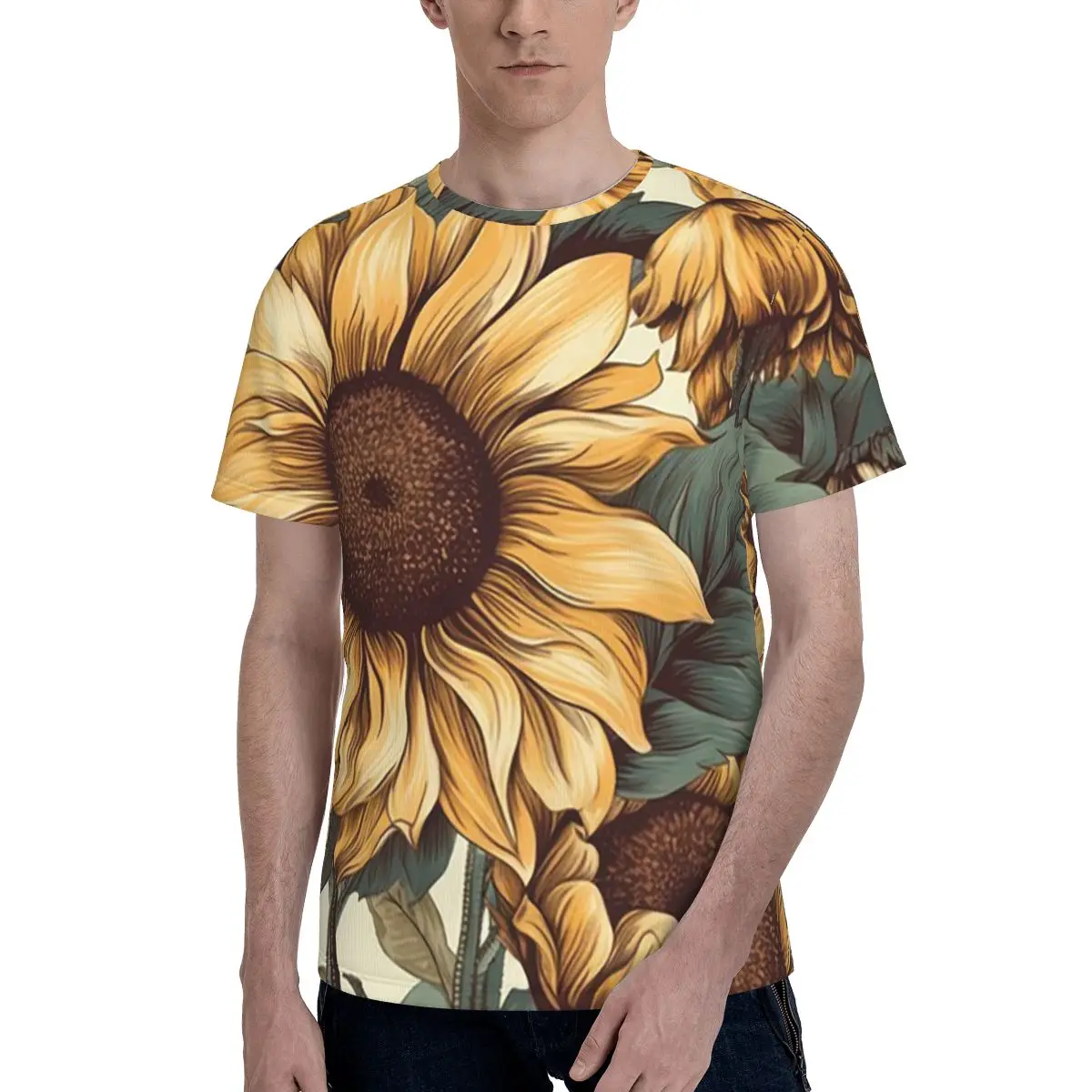 Golden Sunflower Cluster Vintage Botanical Drawing T-Shirt for Men Cotton T Shirts Men's Tees Short Crew Neck Clothes Tops