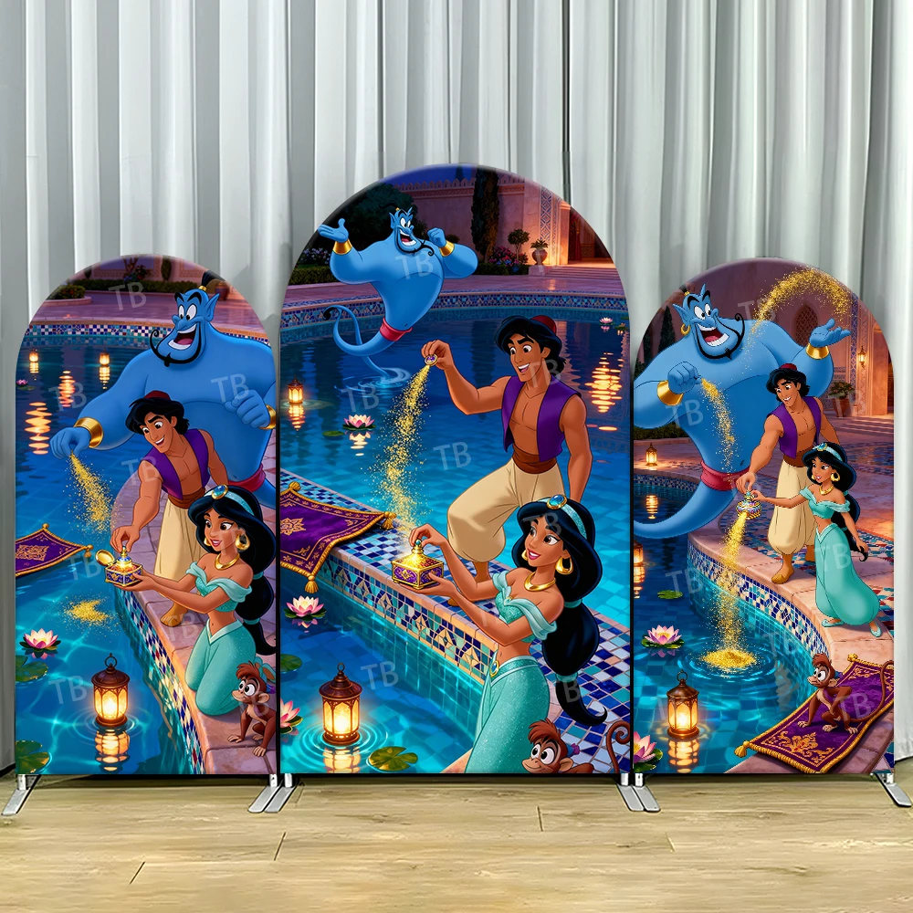 

Aladdin And Jasmine Magic Lamp Pool Style Arch Backdrop Cover Enchanting Shiny Scene For Kids Birthday Baby Shower Photo Booth
