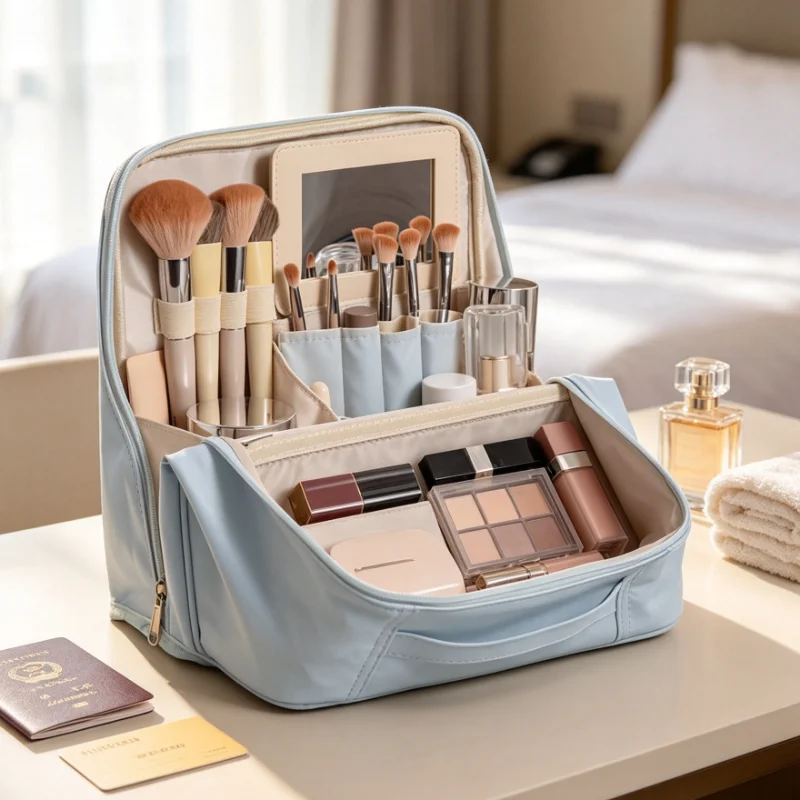 Grande trousse de maquillage sur pied avec miroir, organiseur de toilette de voyage étanche, étui portable pour pinceaux cosmétiques pour femmes