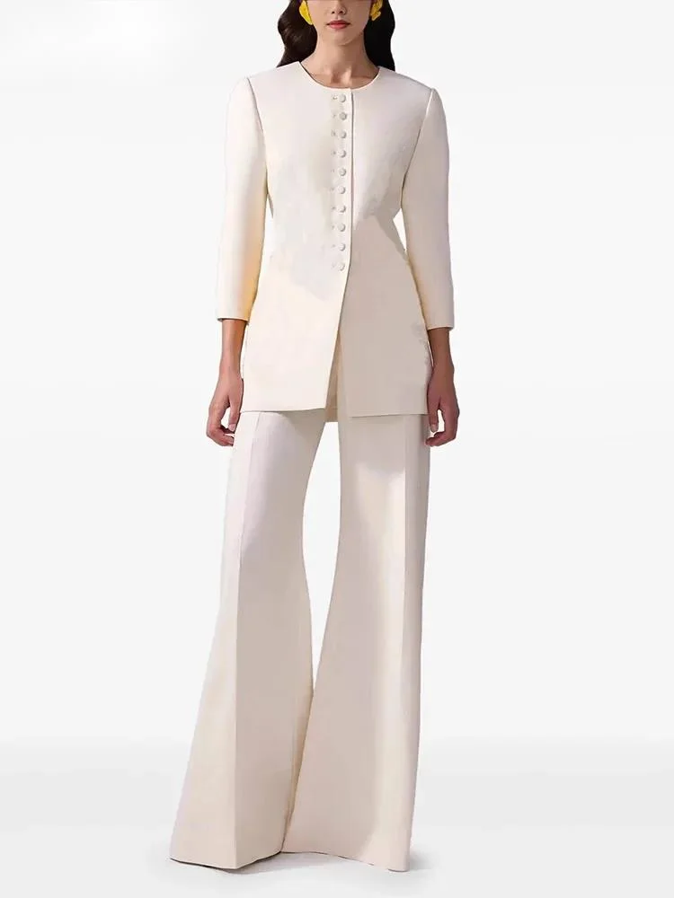Fashion Three-Quarter Sleeve Blazer Women's Round Neck Slim Single Breasted Beige Suit Jacket Autumn New 7TQHE