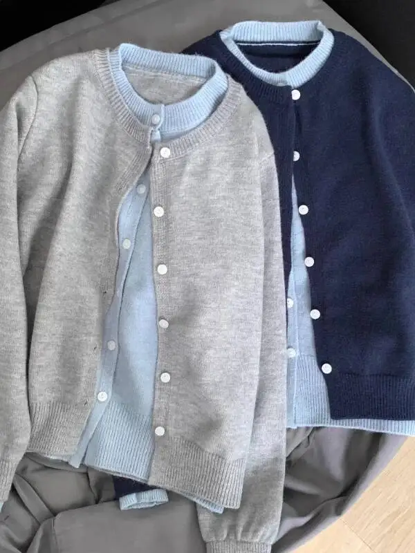 

Large Size Autumn Korean Sle Chic Soft Spliced Color Fake Two-Piece Knitted Open Cardigan Women's Outerwear Sweater