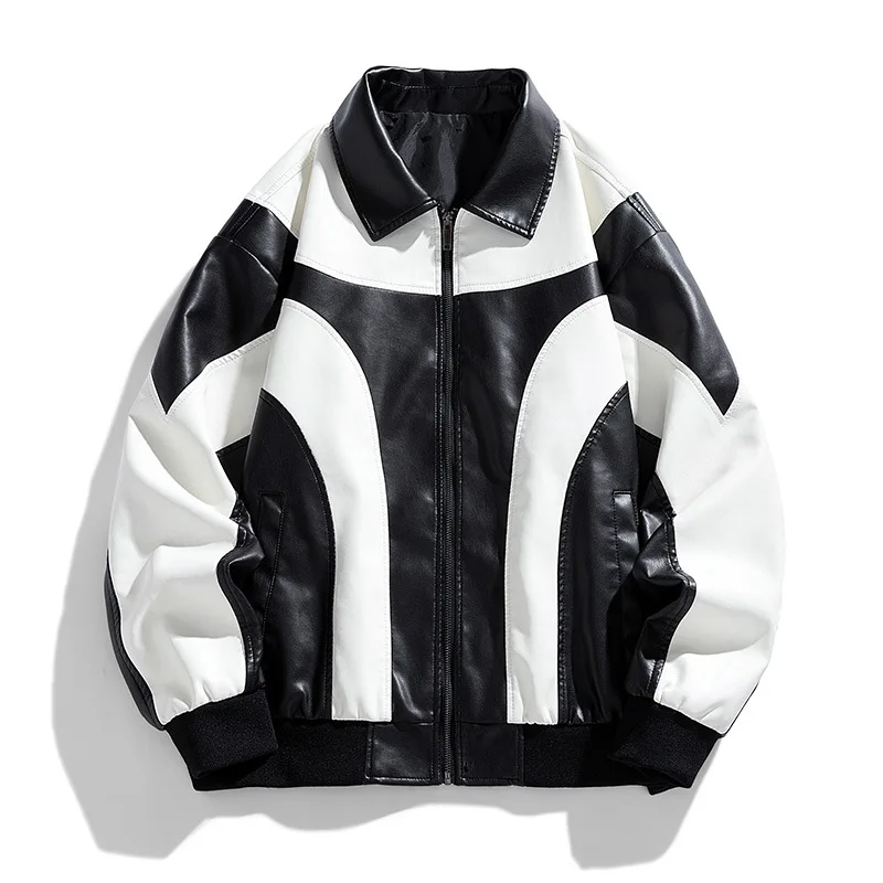 

New Color Blocking Motorcycle Racing PU Coat Men's Lapel Loose Tops Commute Zippers with Padded Young Student Men Leather Jacket