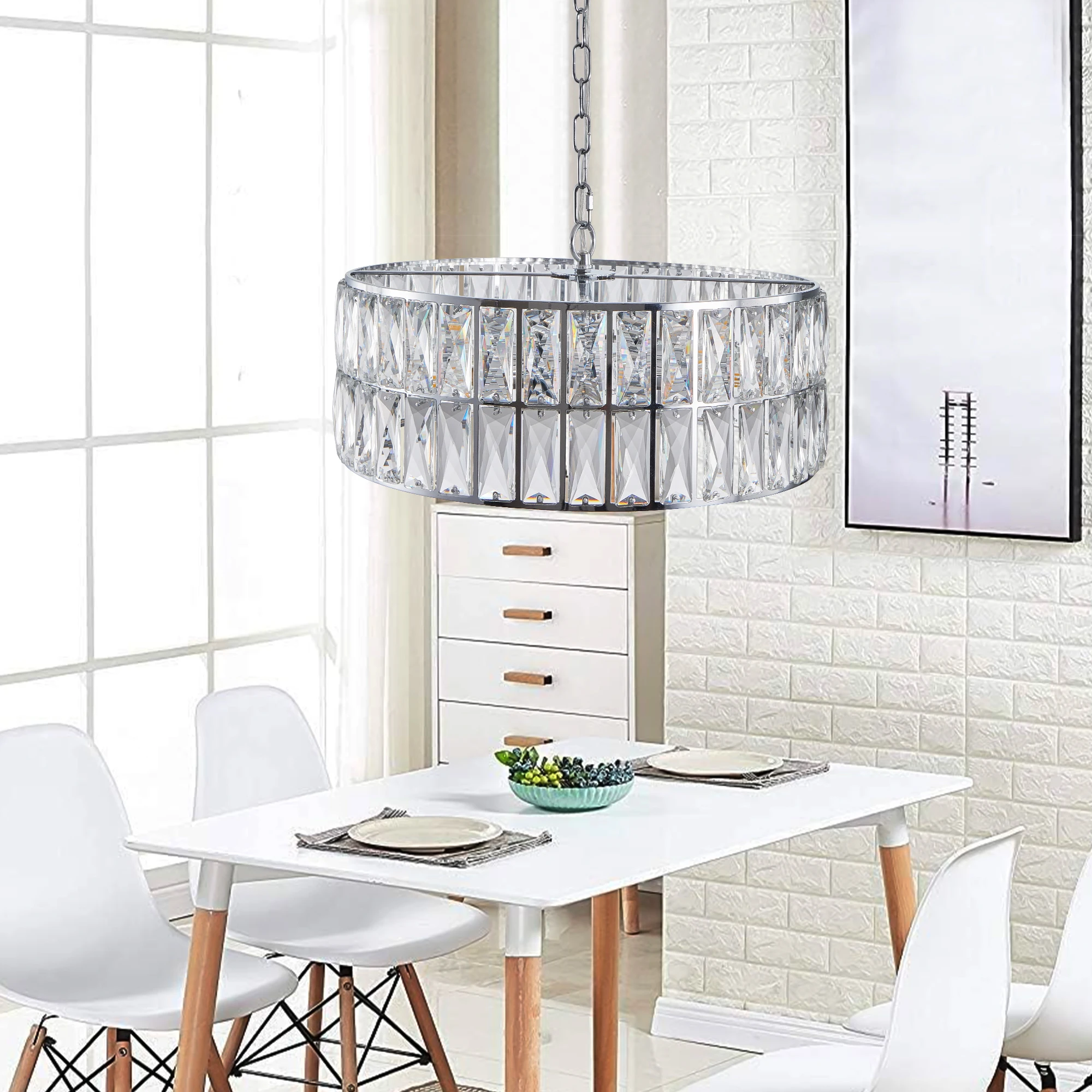 Modern Crystal Drum Chandelier, 6-Light Pendant Lighting Fixture with Silver Metal Frame (Bulbs Not Included)