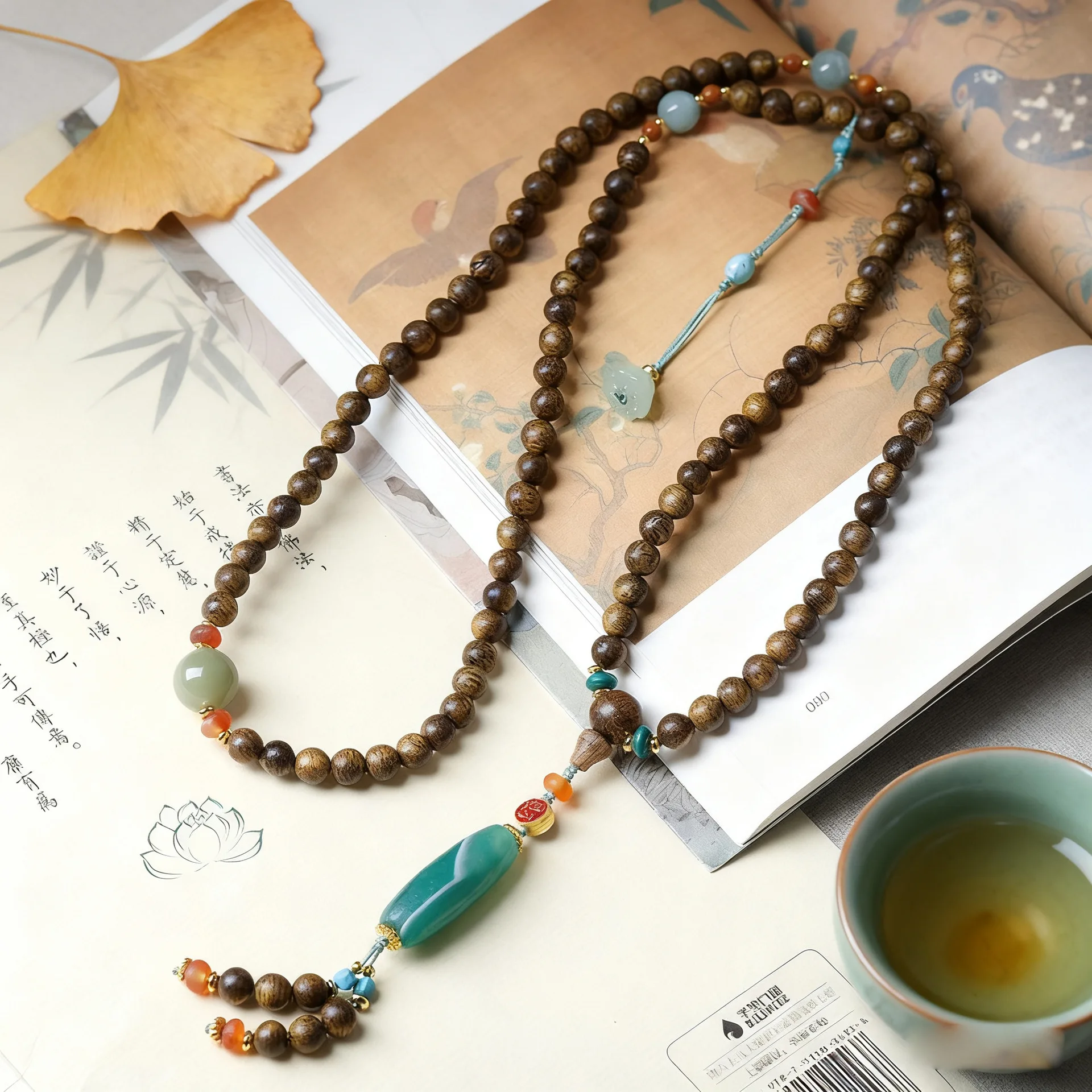 

Multi Strand Bracelet Made of Brunei Agarwood with Green Banded Agate Chinese Style Women's Wristlet and Sweater Chain Gifts