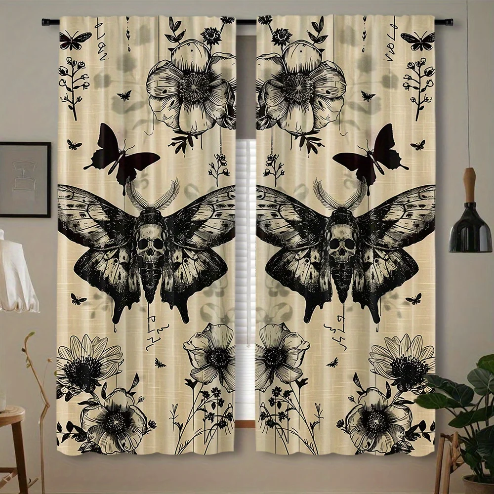 Black Skull Moth Butterfly Flower Plant Print Drapes Room Darkening Window Curtains for Home Decor,Rod Pocket Blackout Curtains