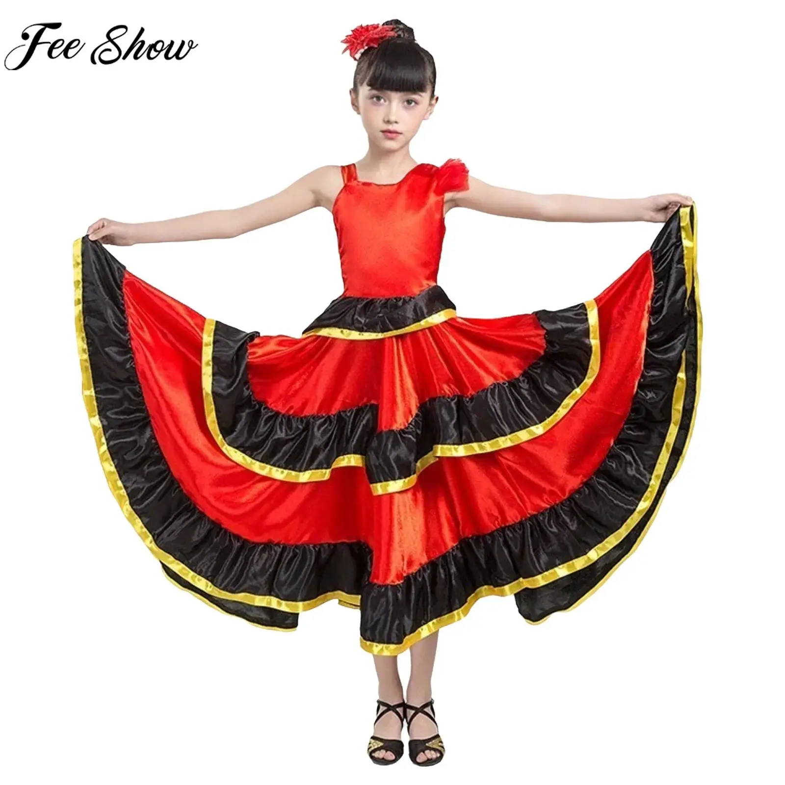 Kids Girls Flamenco Costume Tiered Ruffles Wide Hem Spanish Dance Dress with Headwear for Halloween Theme Party Performance