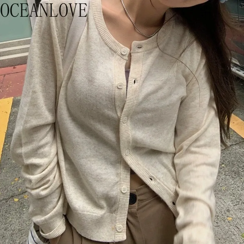 OCEANLOVE Short Cardigans Solid Korean Fashion Spring Autumn Simple Casual Women Sweaters Grey Elegant Chic Sueter De Mujer