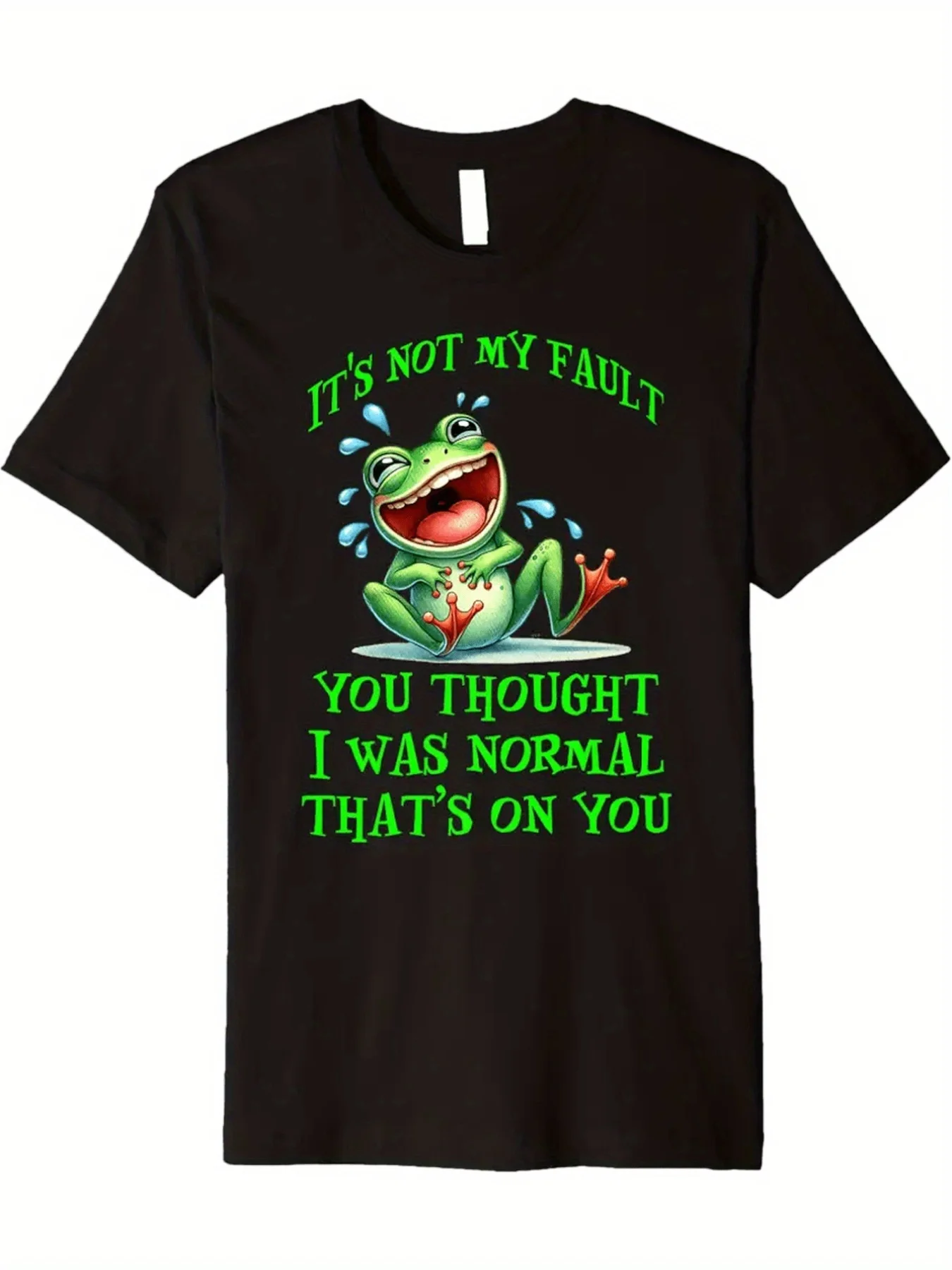Funny Frog T-Shirt, Unisex - "You Thought I Was Normal, It'S Your Fault" Slogan, Green Frog Smile And Poison Arrow Design, 100% Soft Crew Neck Retro Graphic T-Shirt, Casual Regular Fit Black Shirt with Bright Green Print, Plus Size