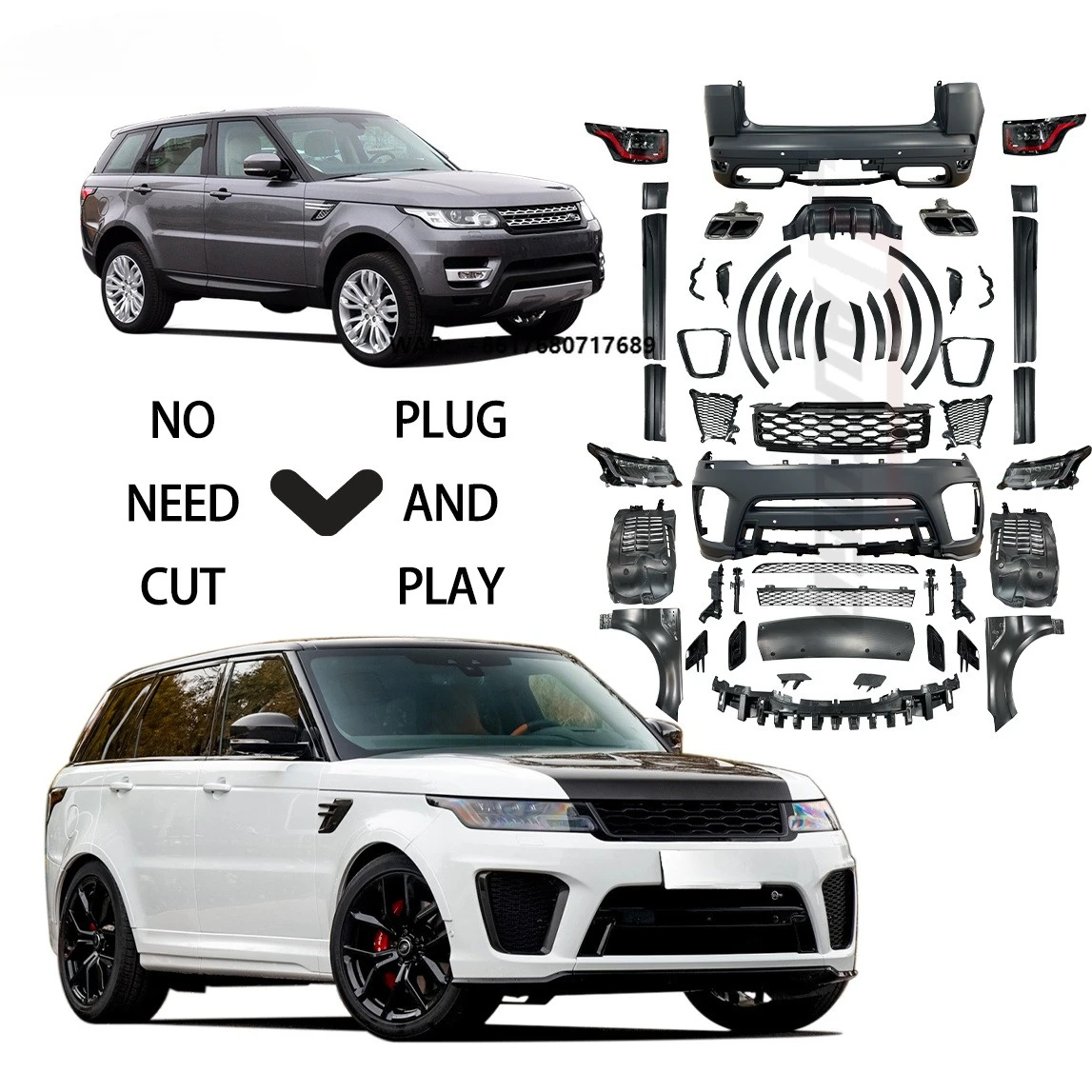 BodyKit for Range Rover Sport 2014 2015 2016 2017 Upgrade to Racing 2020 SVR Style Front+Rear Bumper+Grille+Side Skirt Assembly