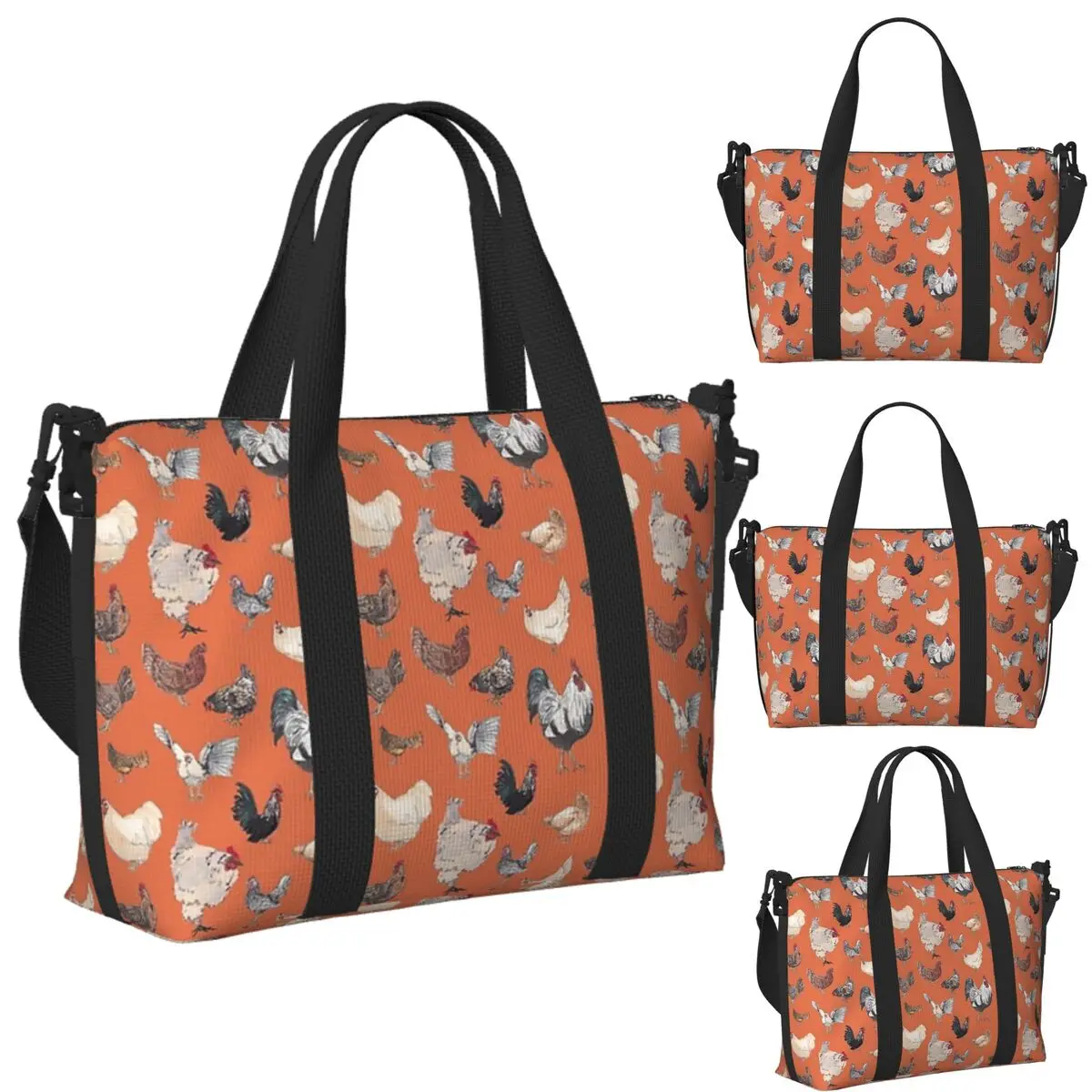 

Custom Chicken Happy In Deep Orange Beach Travel Bag Large Capacity Tote Bags for Gym Yoga Women Shopping Duffle Shoulder Bag