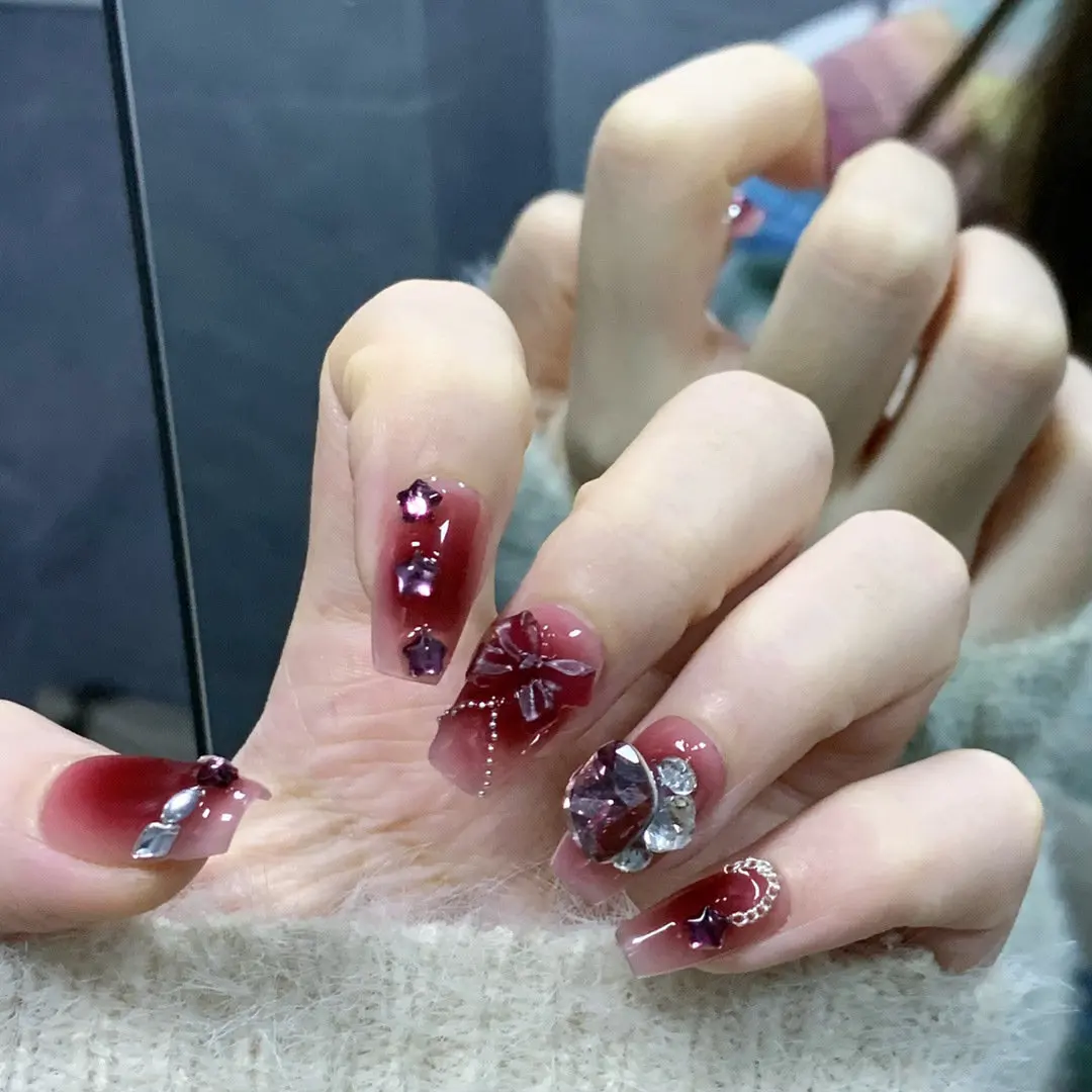 Emmabeauty Handmade Romantic Press On Nails - Wine Red Color with Falling in Love Theme - Beautiful and Lovely No.24376