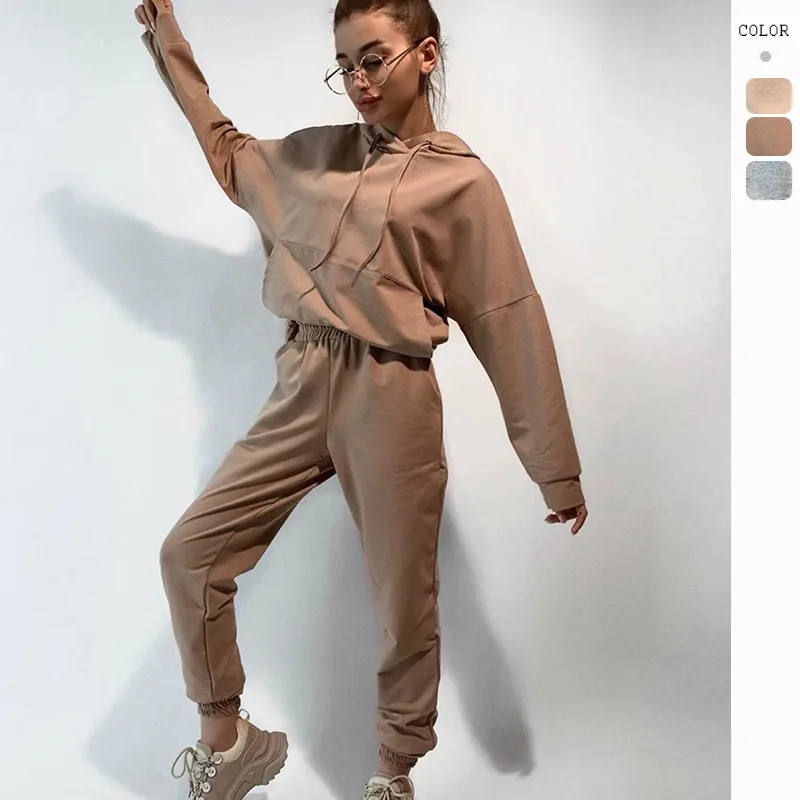 2023 Europe and the United States autumn and winter solid color fashion casual temperament women's hoodie two-piece set female