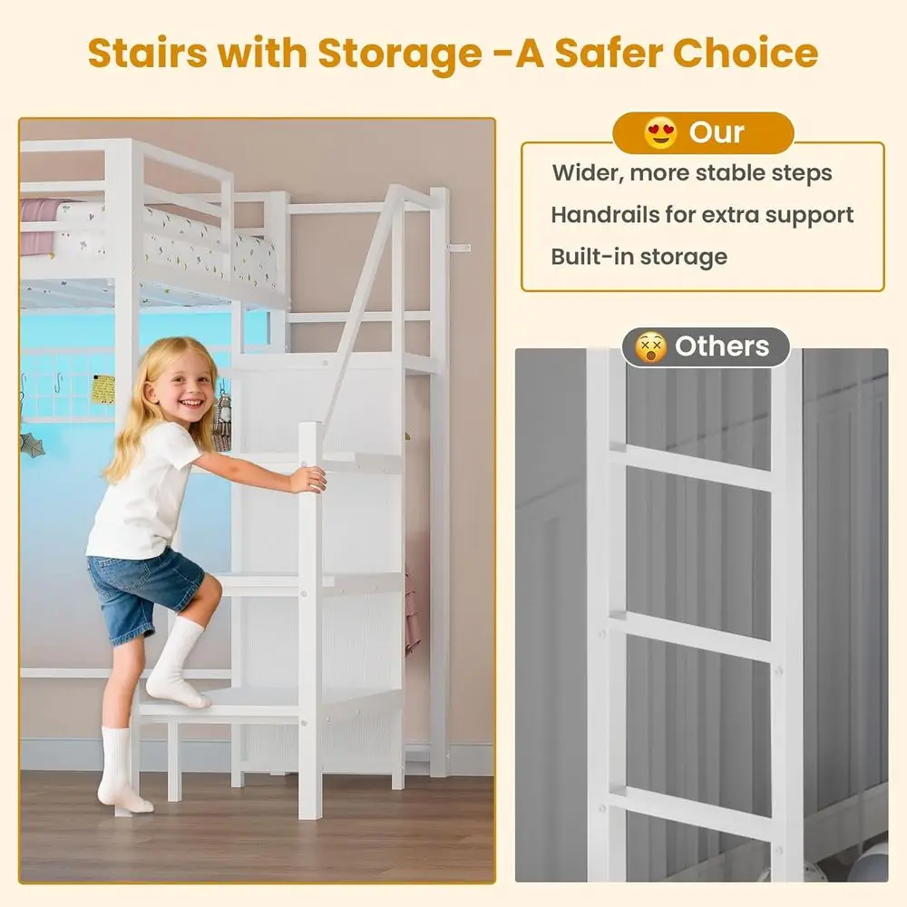 ADORNEVE Twin Size Lot Bed with Storage Stairs, 8 Ders, Metal Kids Lot Bed Twin with LED Lights, Power Outlet, Shelves and Wardr - view 3