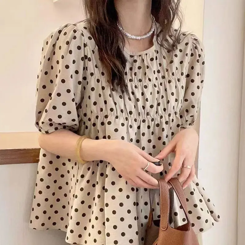 Sweet Korean Polka Dot Shirt Women\'s Clothing Loose Short Sleeve Summer Fashion Shirring Casual Spliced All-match O-Neck Blouse