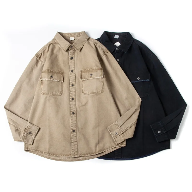 

Мужская повседневная рубашка-куртка из чистого хлопка в американском ретро-стиле, цвета хаки, плотная, свободного кроя, с длинным рукавом, для молодежи, устойчивая к деформации.