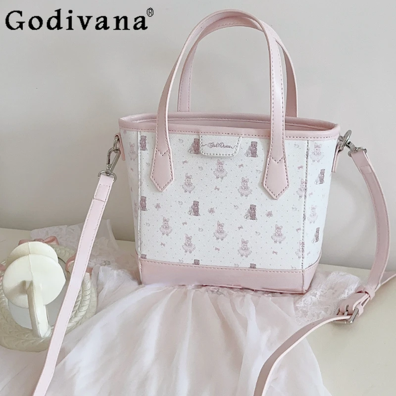 Women's Japanese Style Tote Bag Print Design Sweet Crossbody Handbag Female Cute Cartoon Pink Versatile Handbags