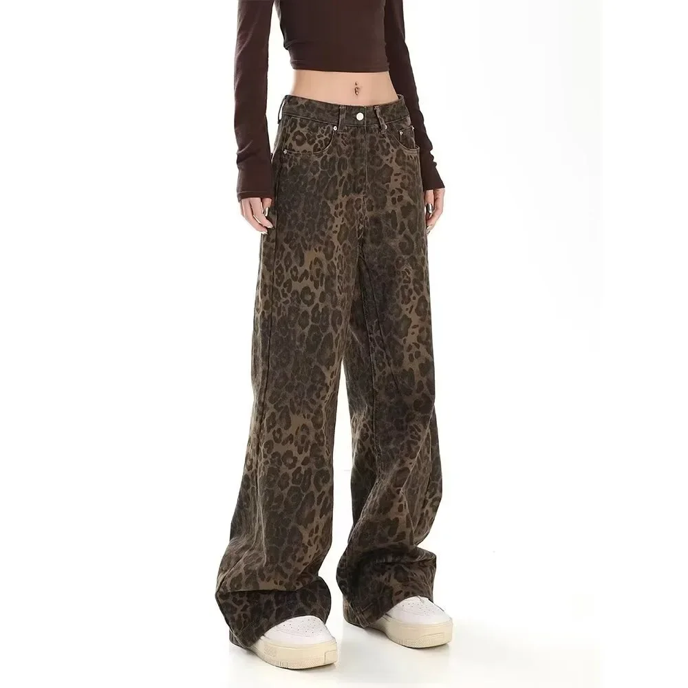 

Women's Brown Jeans Leopard Print Retro Straight Tube Baggy Pants Fashion Street Fashion Y2K Jeans New Winter Leggings