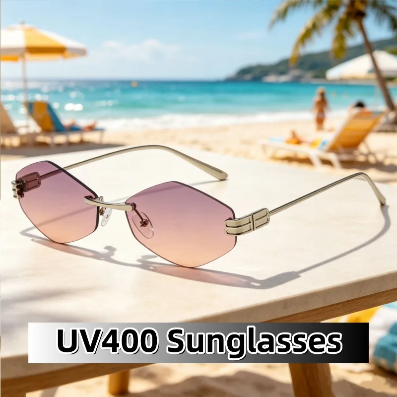 

New Geometric Rimless UV400 Sunglasses Metal Frame Anti-UV Sun Glasses Beach Traveling High Quality Comfortable Eyewear Unisex