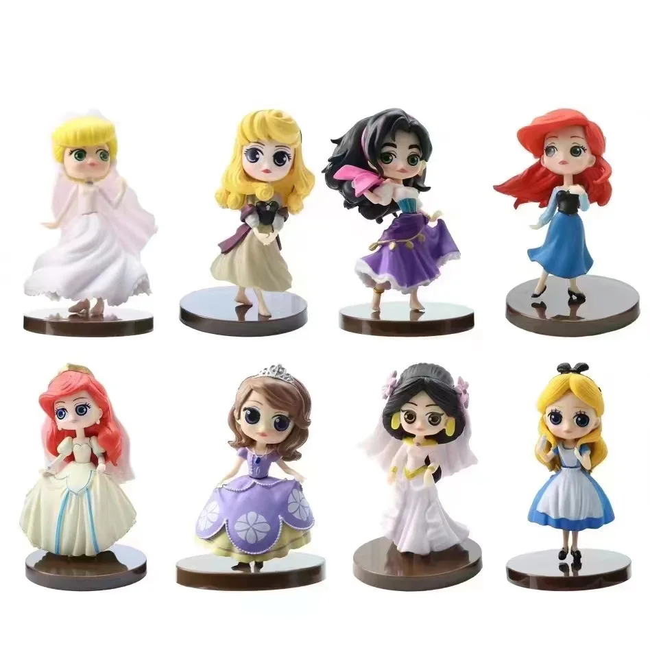 8-9cm 8pcs/set Q Posket Princess Tiana Snow White Rapunzel Ariel Cinderella Belle Mermaid PVC Action Figures Model Toys Kid Gift