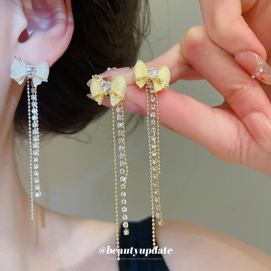 Elegant Shimmering Bowknot Tassel Drop Earrings Dangle Long Linear Chandelier Delicate Moving Charm Ear Accessory Girl