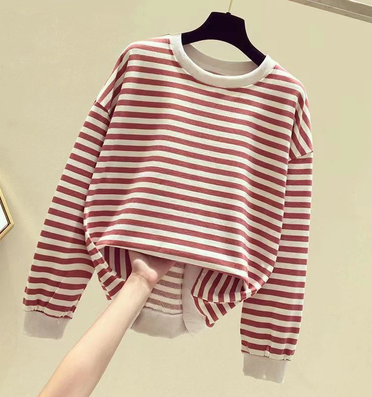 Pure Cotton Striped Sweatshirt Women's Long Sleeve round Neck Pull-On Top Versatile Autumn Winter Comfortable Loose Fit Shirt