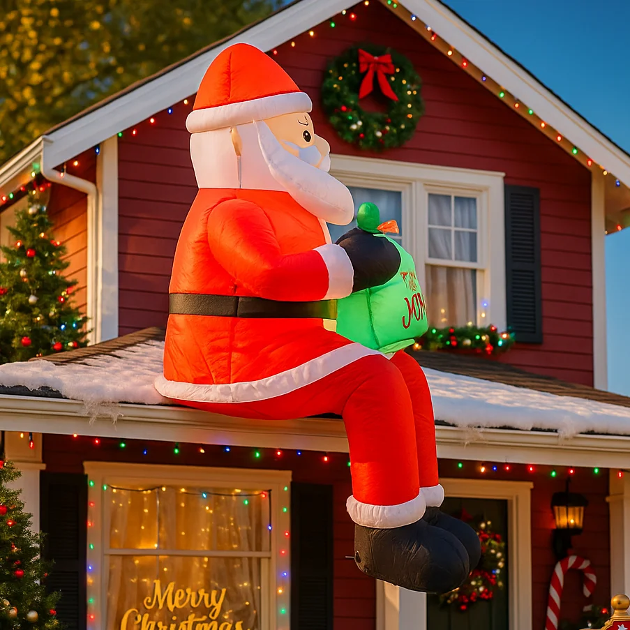 5.9FT Santa Claus Holding Gift Inflatable Christmas Decorations Xmas Ornaments Lights Outdoor Home Yard Holiday Party Decor Toys