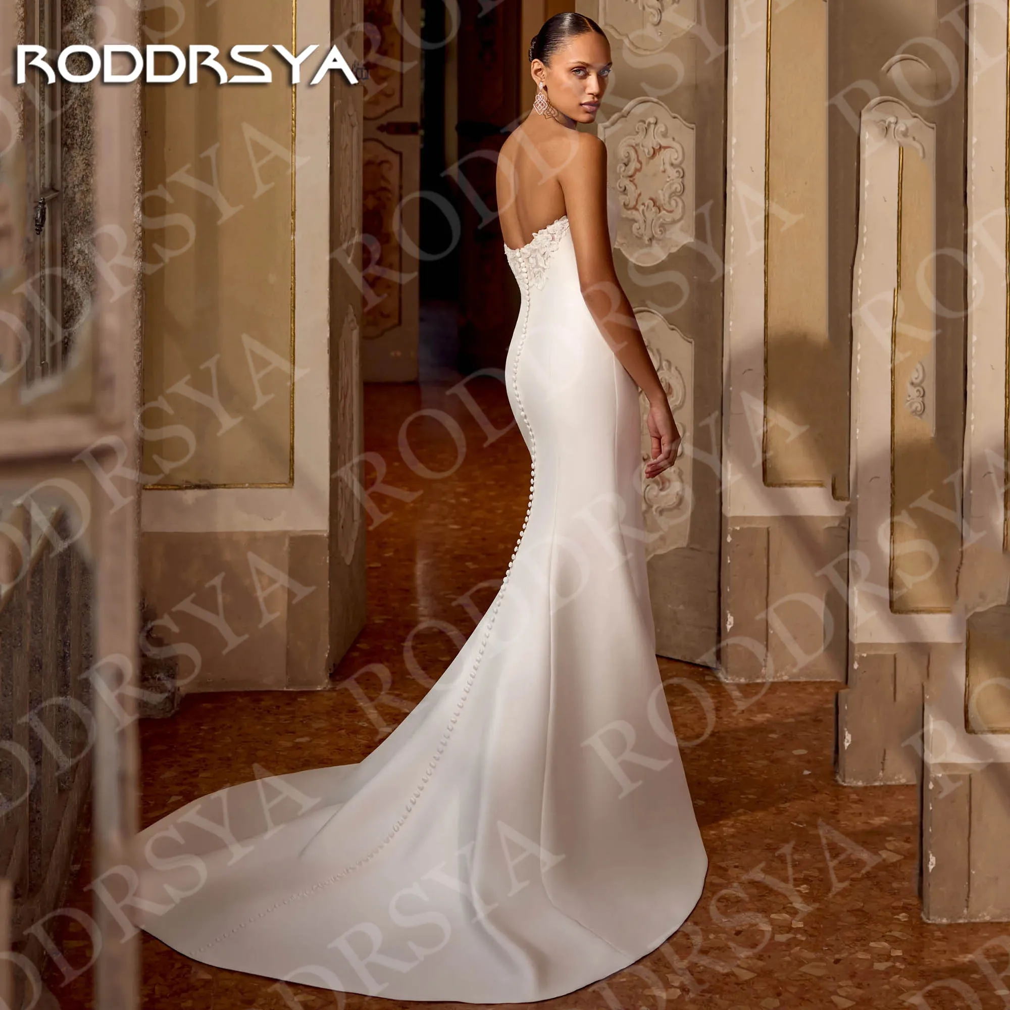 RODDRSYA personnalisé élégant sirène robes de mariée Sexy chérie dentelle manches longues Satin robe de mariée haute fente femme 2026 Personnalisé élégant sirène robes de mariage sexy chérie dentelle manches longues sa