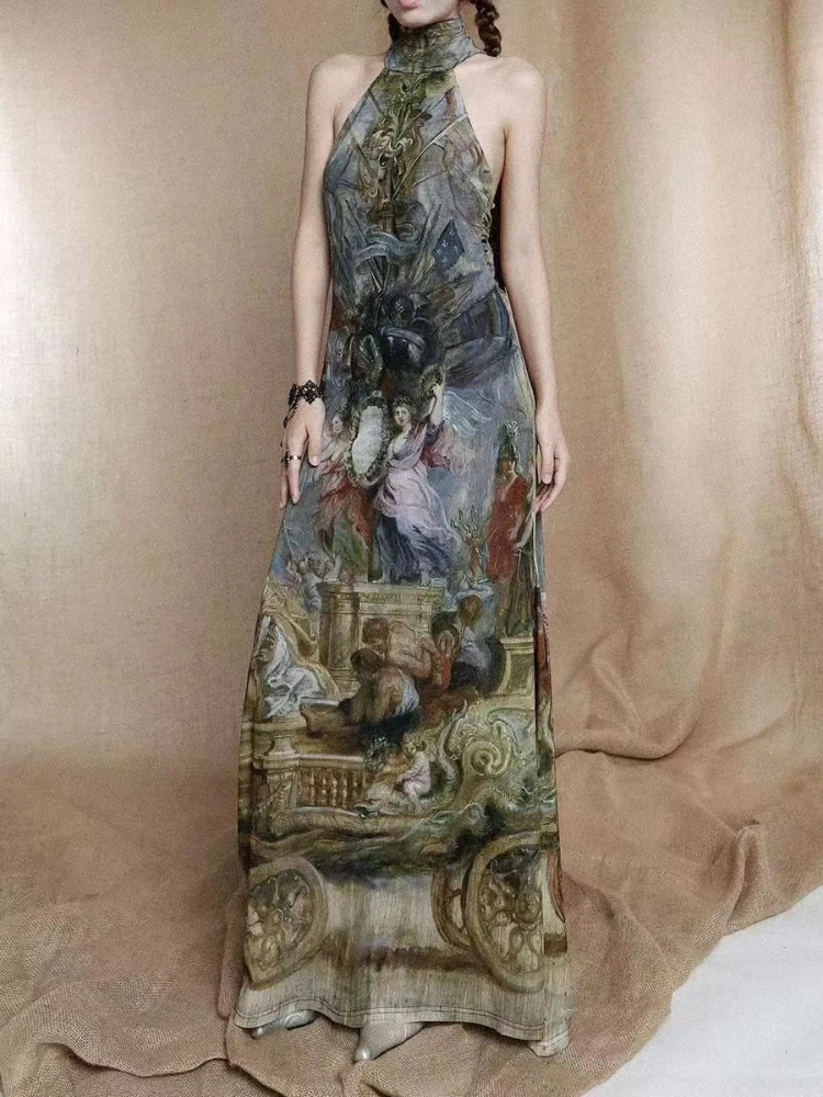 Women's Vintage Oil Painting Print Maxi Dress Halter Neck Open Back Sleeveless A LineRomantic Art Portrait Evening Long Dresses