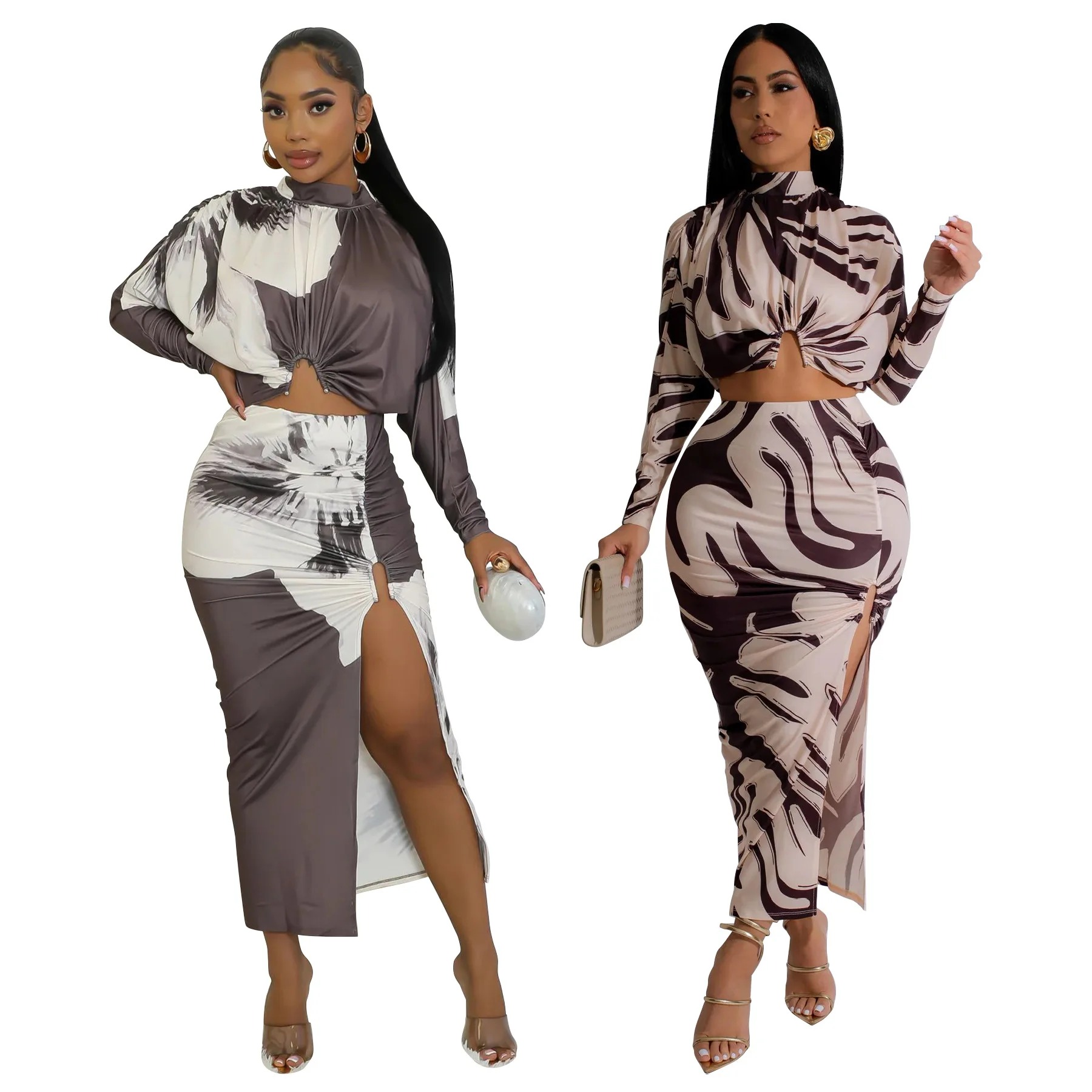 Women Fashion Printed Sexy Long Sleeved Two-Piece Set Beach Outfits For Bath Pareo Cover Up Ladies Dresses Outerwear Clothing 