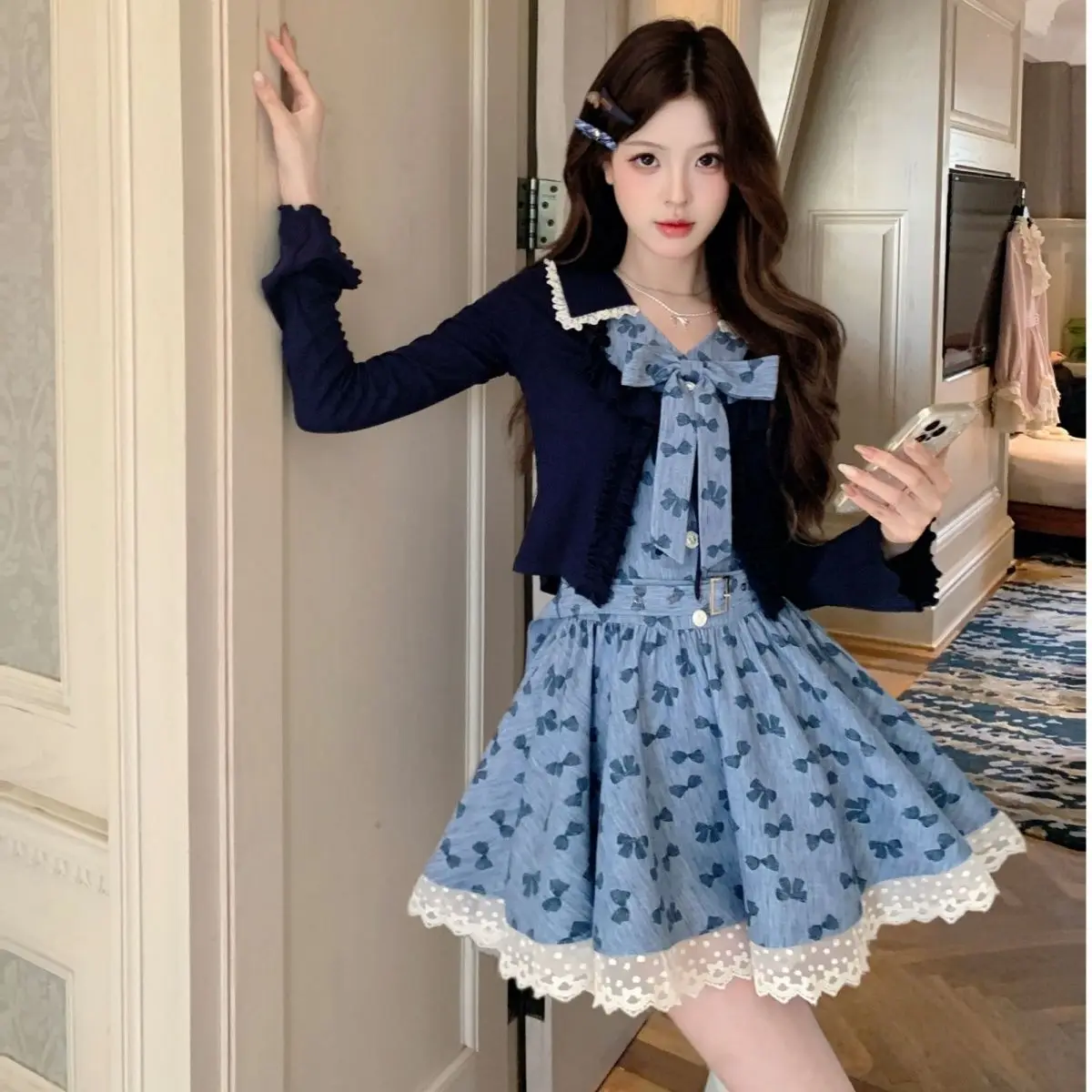 

Japan Sweet Preppy Dress + Versatile Cardigan Sweet Cute Kawaii Everyday Lace