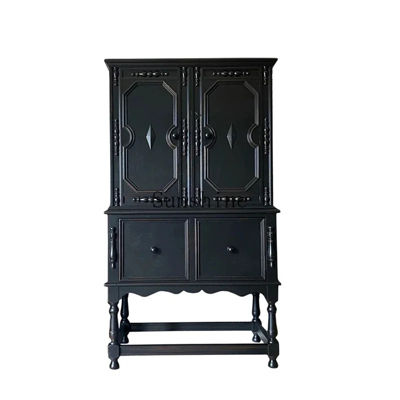 

American solid wood retro carved double door dining side cabinet household living room storage decorative cabinet
