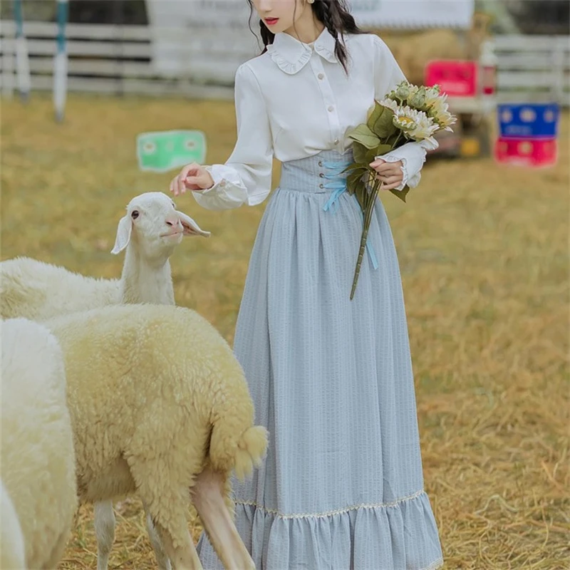 

Rural Elegant Lolita Womens Outfits Vintage Collar Lantern Sleeve White Shirt and Bandage Stripe Long Skirt 2 Pieces Medieval