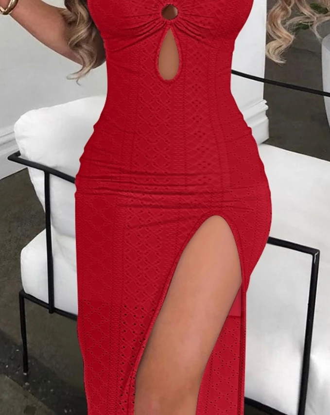 Women Sexy Eyelet Embroidery Side Slit Bodycon Dress Temperament Commuting Summer New Women's Fashion Skinny Vacation Dresses