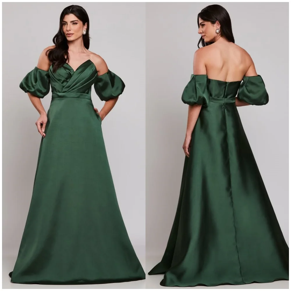 Customized Classic Fashion Charmeuse Ruched Pleat A-line Off-the-shoulder Long Dresses Bespoke Occasion Dresses Sizes Available