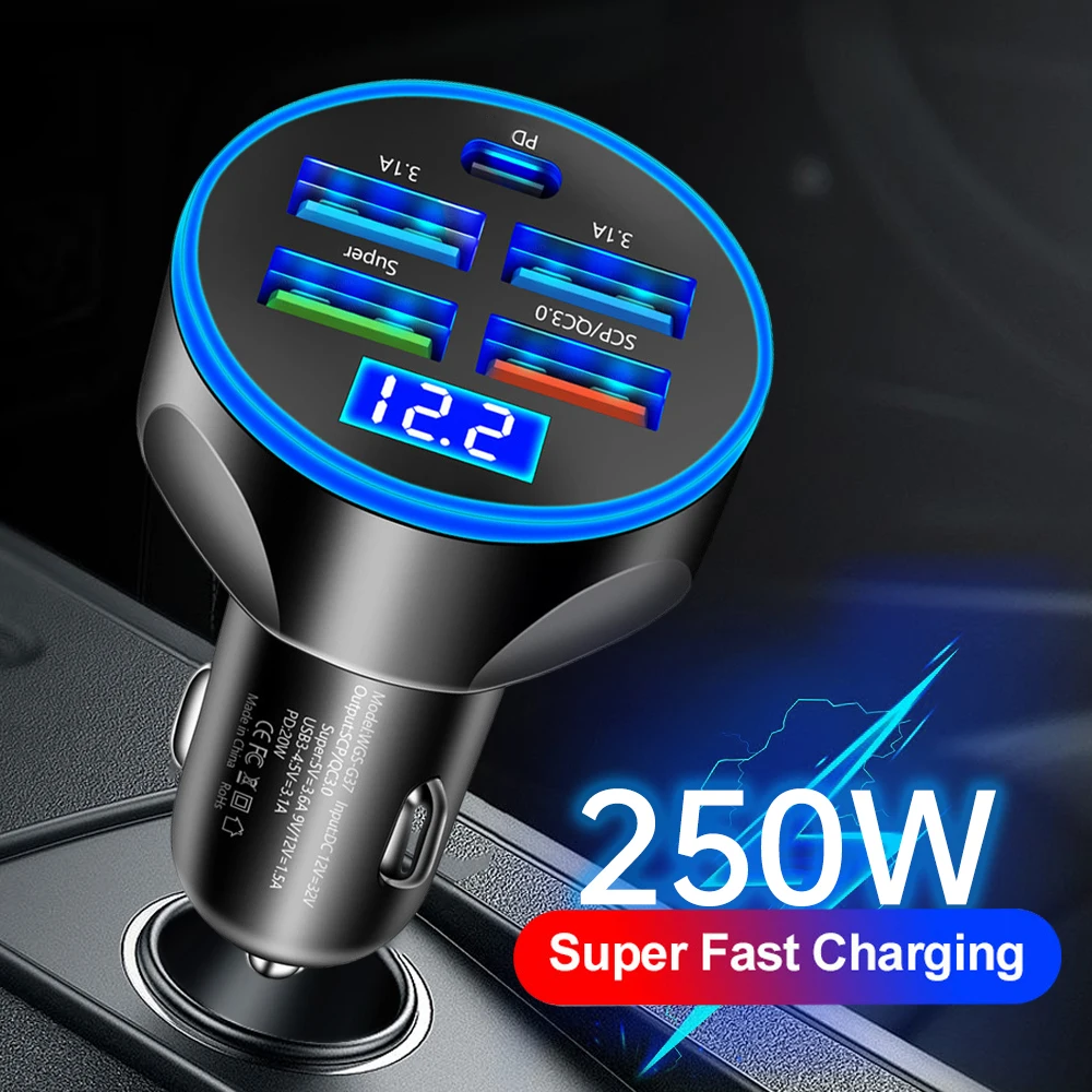 4 USB 250W Car Charger PD QC 3.0 Type-C Fast Charging Car Phone Adapter for iPhone Samsung Huawei Xiaomi Cigarette Lighter