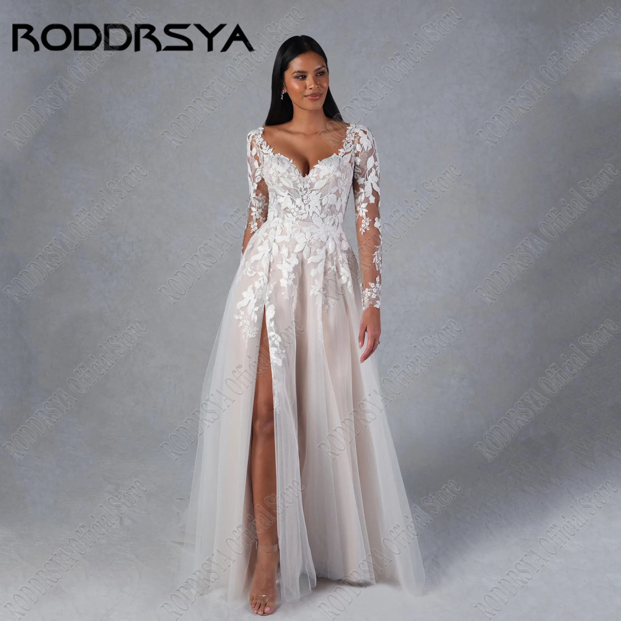 

RODDRSYA Elegant Wedding Dress Long Sleeve A-Line Lace Applique Side Split Bridal Gown Sweetheart vestidos de novia Customized