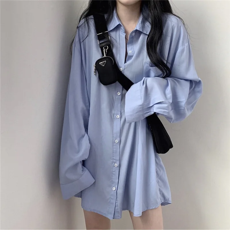 

Women Blouses Basic Korean Fashion Long Sleeve White Black Shirts Oversized Streetwear Chic Female Cardigan All-match