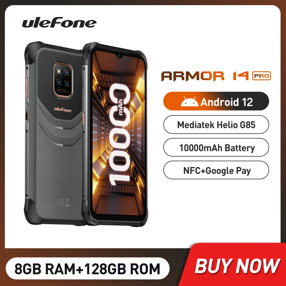 Ulefone Power Armor 14 Pro IP68 Rugged Smartphones Octa Core 8GB+128GB Android 12 Mobile Phone 10000mAh Wireless Charging NFC