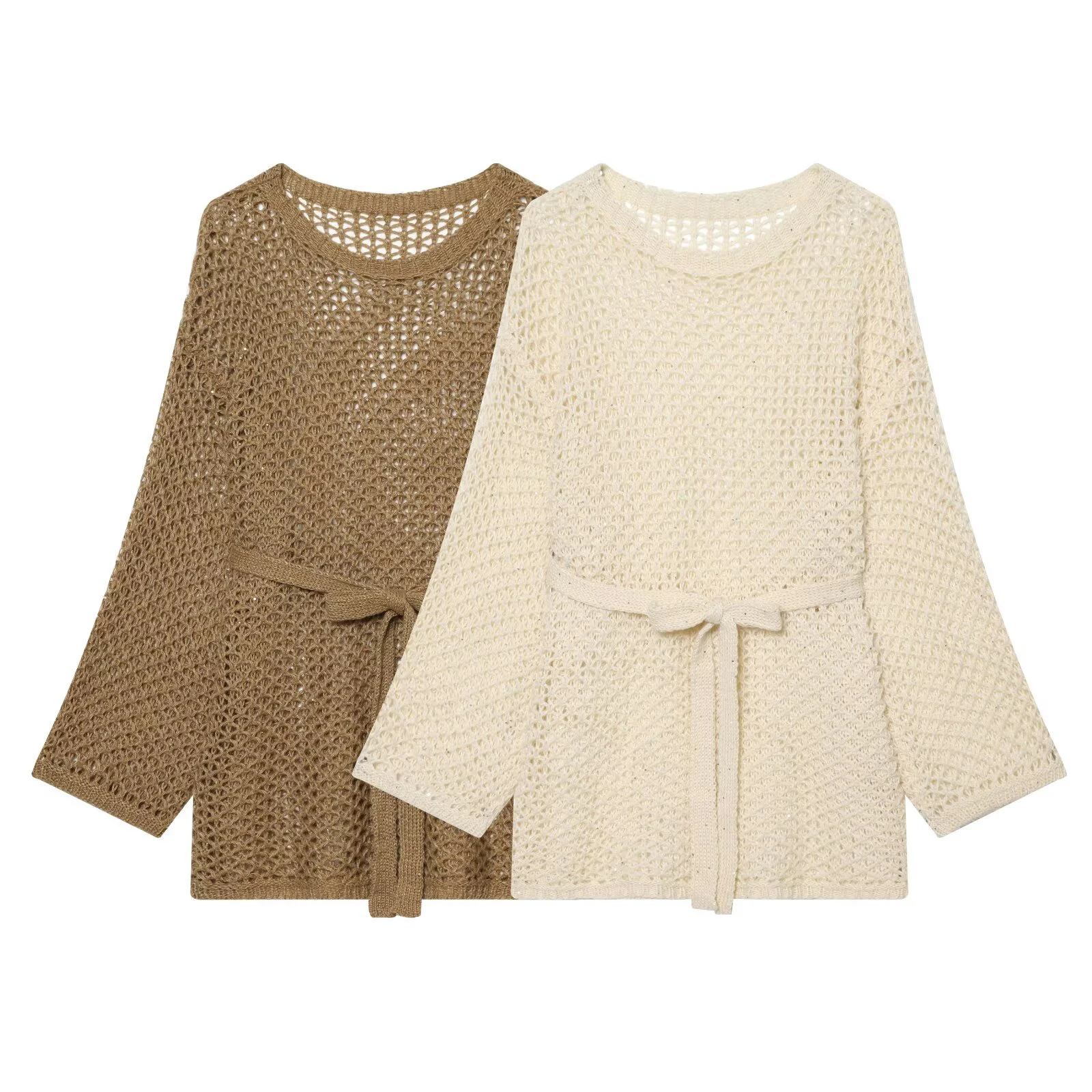 

European and American style women's new 2026 fashionable solid color long sleeved shirt with waist belt and hollow knit sweater