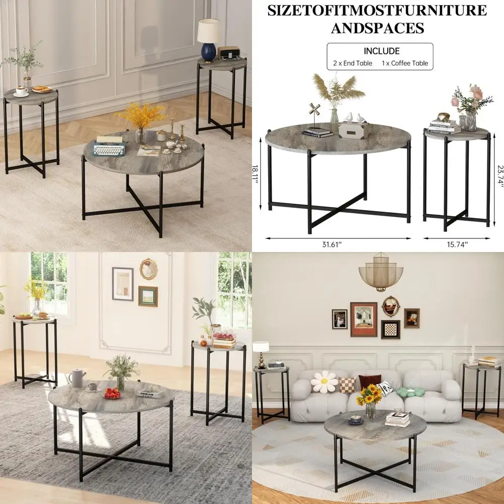 

Faux Marble Coffee Table Set - 1 Round Coffee Table and 2 Sofa Tables with Metal Cross Base Frame for Living Room